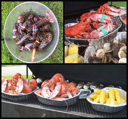 A collage of lobster bake photos with clams, corn, and potatoes
